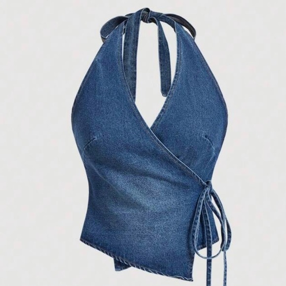 Tops - Denim Halter Wrap Top cropped jean shirt western line dancing open back S M L 6
